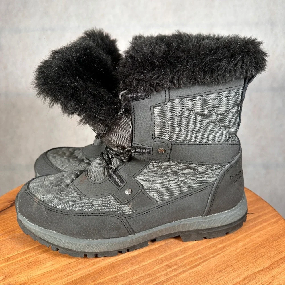 Bearpaw Winter Boots Women Size 11 Black Waterproof Quilted Faux Fur Good